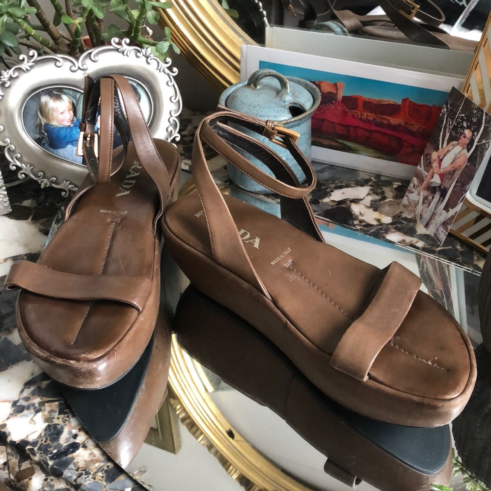 Prada Brown Leather Platform Sandals